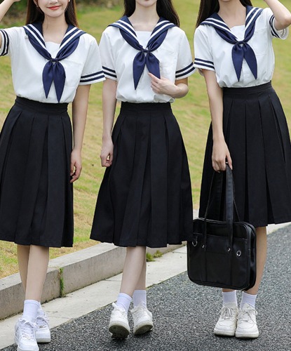 [대여] 블랙 더블라인 여자 마린 세라복 교복세트(셔츠+타이+치마) 교복 학생복