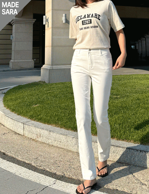 [Tall women&#039;s pants] No.097 Summer Hidden inner-banding Elastic Spandex Slim Straight Pants 103 cm (Black, White)