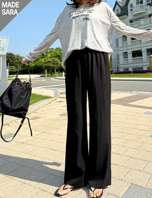 [Tall women&#039;s pants self-made] Charm string wide basket pants full length 108 cm (beige, black)