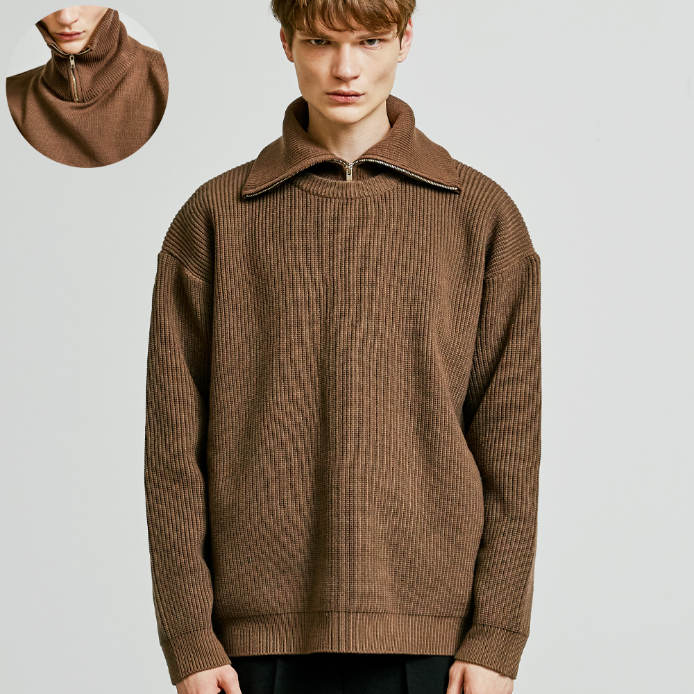 neck warmer wide collar zip-up knit brown