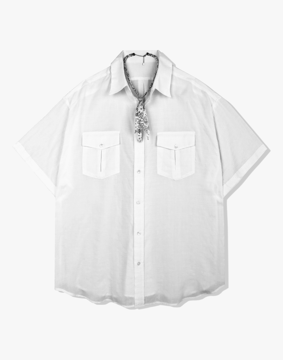 [bandana necklace set] washed check linen 2 pocket half shirt white