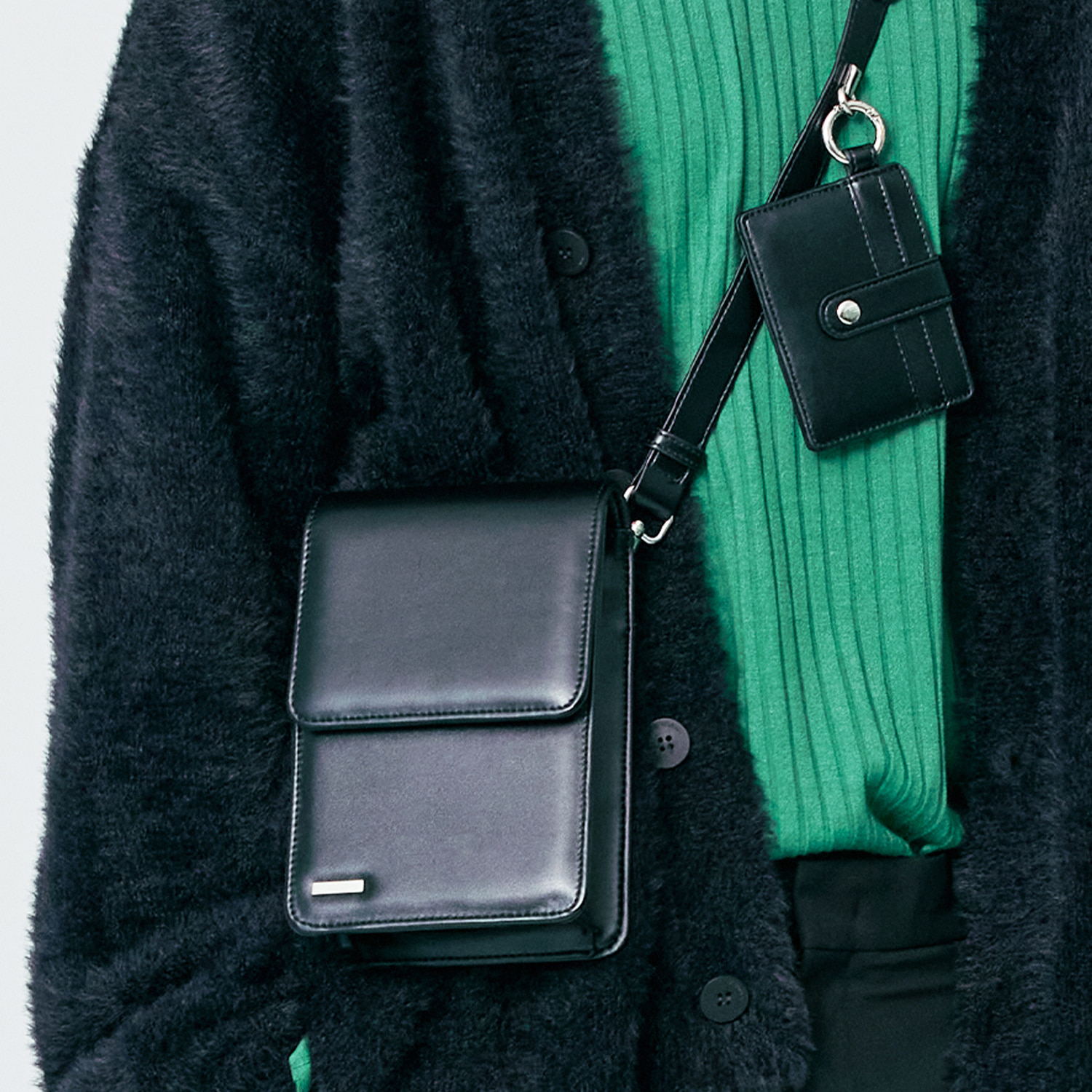 [M size]minimal bar square leather bag &amp; multi card wallet black