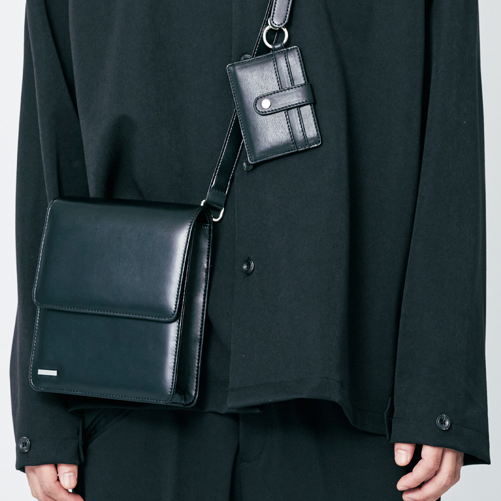[L size]minimal bar square leather bag &amp; multi card wallet black