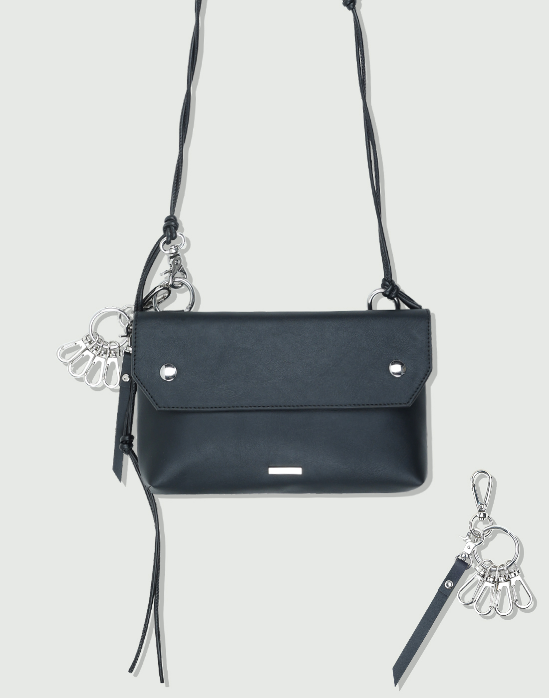 piping leather strap flap bag &amp; utility key ring black
