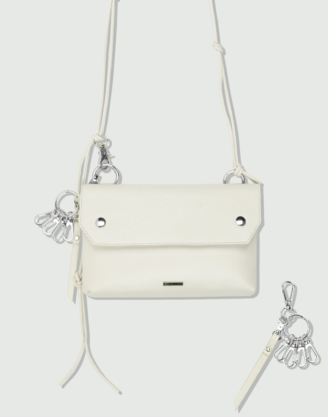 piping leather strap flap bag &amp; utility key ring ivory