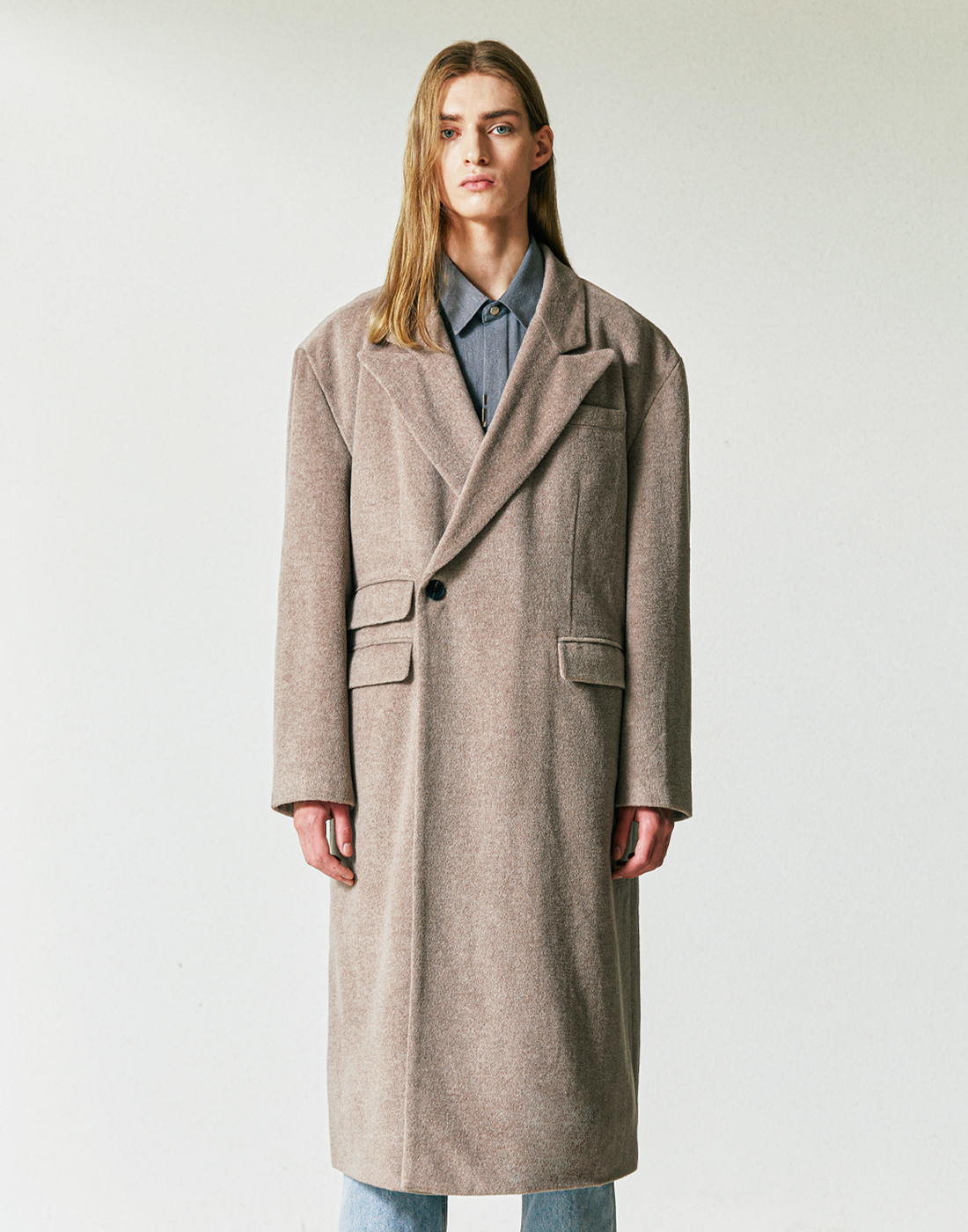 Wool Blended Maximal Double Button Coat Beige