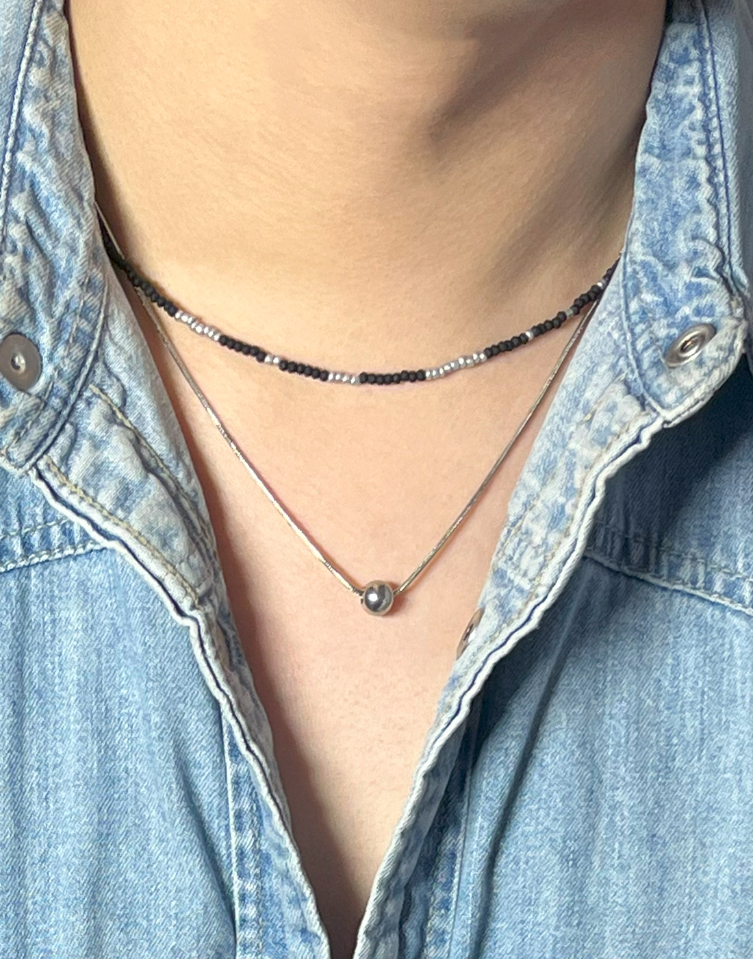[SET] HANDMADE GLASS BEADS &amp; SILVER BALL LAYERING NECKLACE
