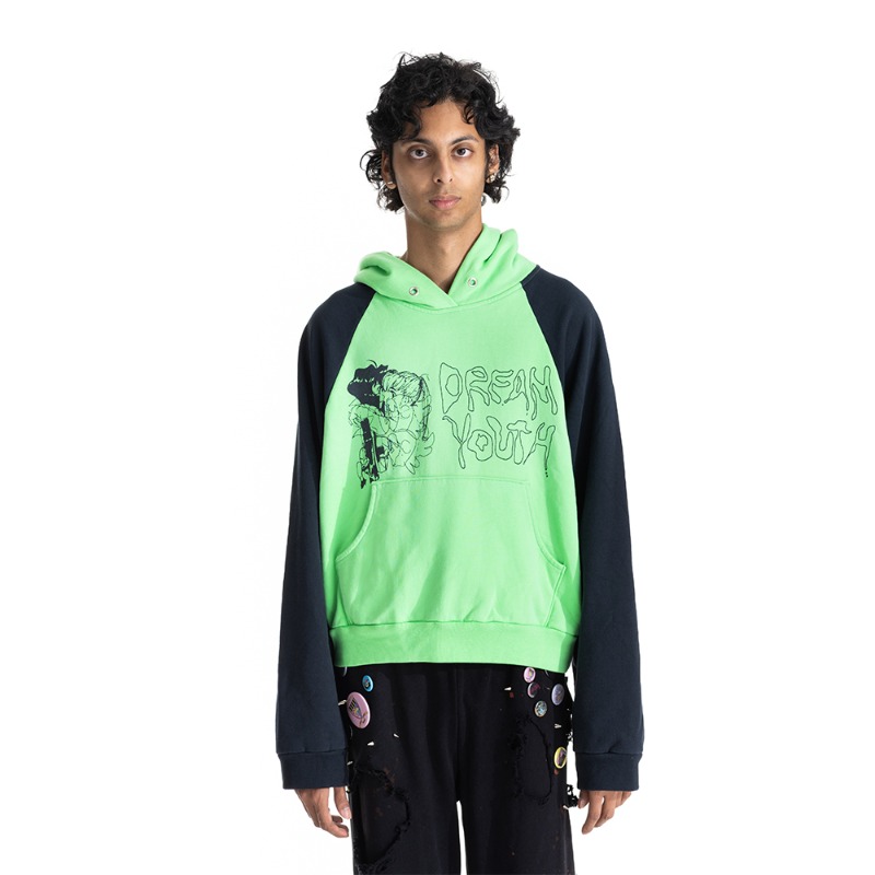 [Liberal Youth Minstry : 리버럴 유스 미니스트리] &#039;DREAM YOUTH&#039; color block raglan hoodie Green