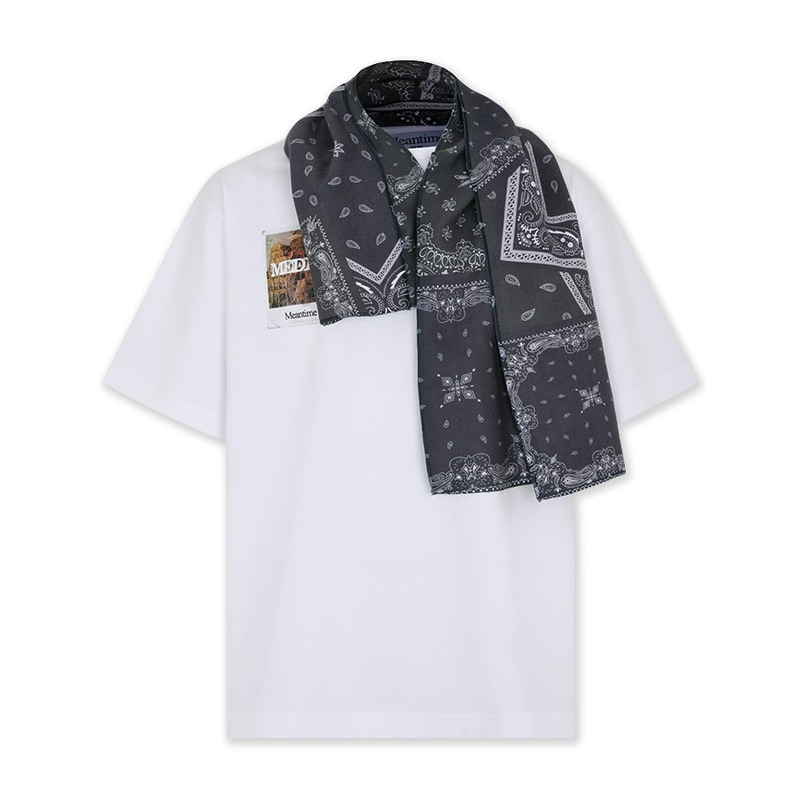 [Meantime : 민타임] Oversized &quot;Media&quot; T-shirt with Paisley Artwork Bandana Towel White