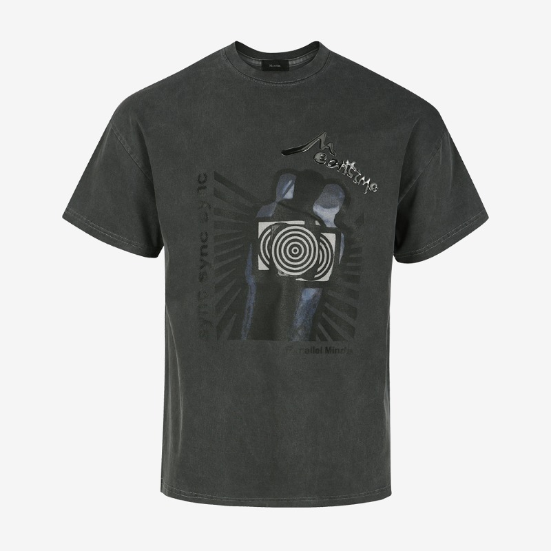 [Meantime : 민타임] &#039;Parallel Minds&#039; 3D Applique T-shirt Washed Black