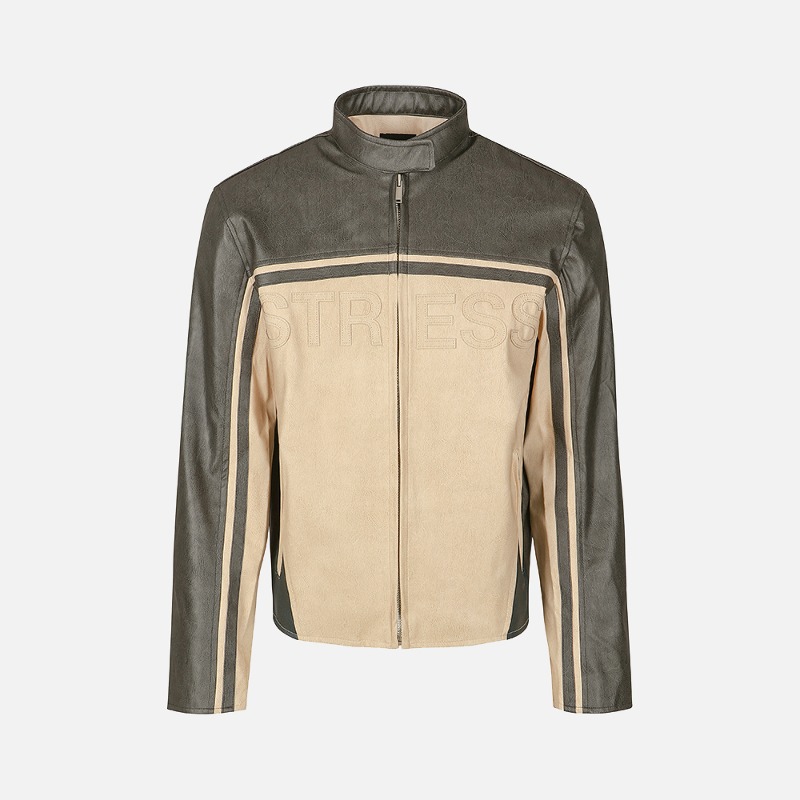 [Meantime : 민타임] &#039;Storm &amp; Stress&#039; Motorcycle  Vegan Vintage Crack Leather Jacket Grey &amp; Off-white