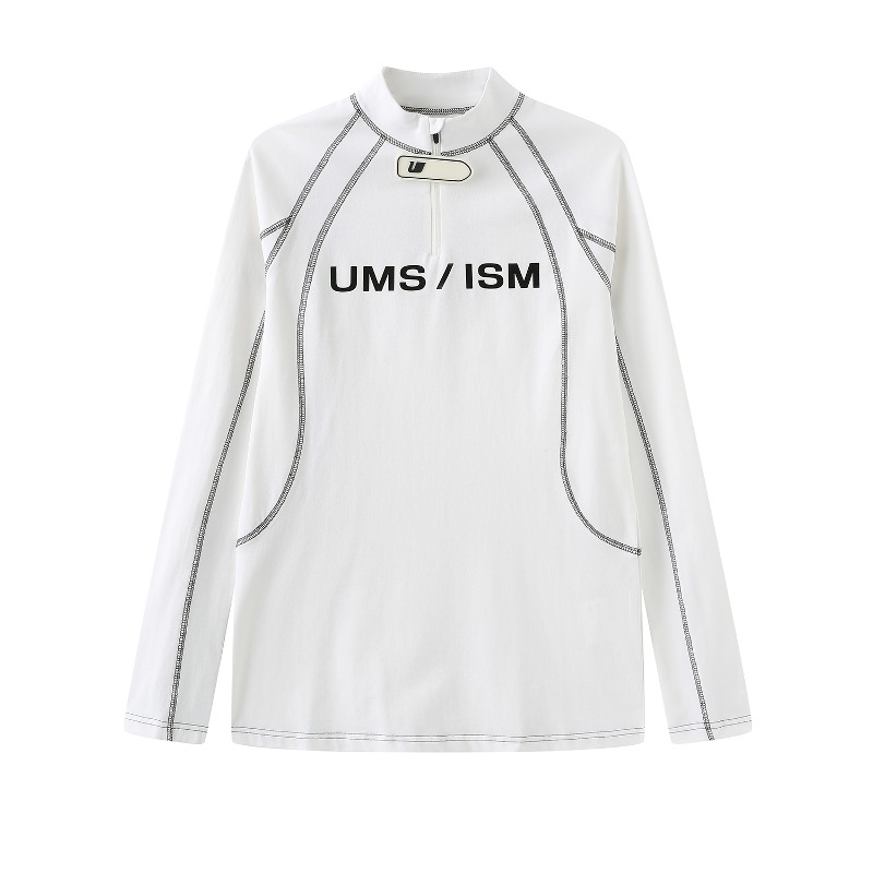 [UMAMIISM : 우마미즘] U logo neck band detail constructive pattern half-zip LST-shirt White