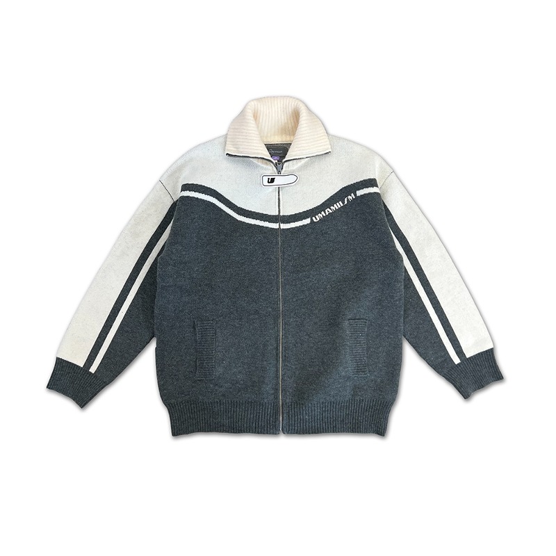 [UMAMIISM : 우마미즘] High neck u logo band color block zip-up sweater grey