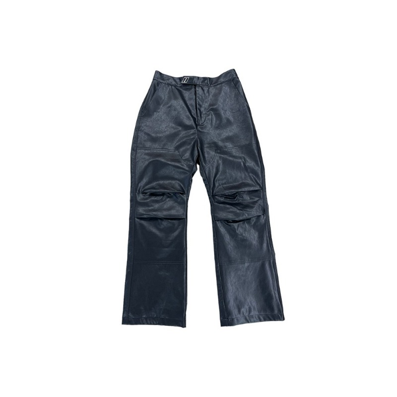 [UMAMIISM : 우마미즘] U logo waist band front pleats double knee panel vegan leather pants black