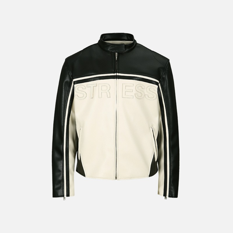 [Meantime : 민타임] &#039;Storm &amp; Stress&#039; Motorcycle Vegan Leather Jacket Black &amp; Off-white