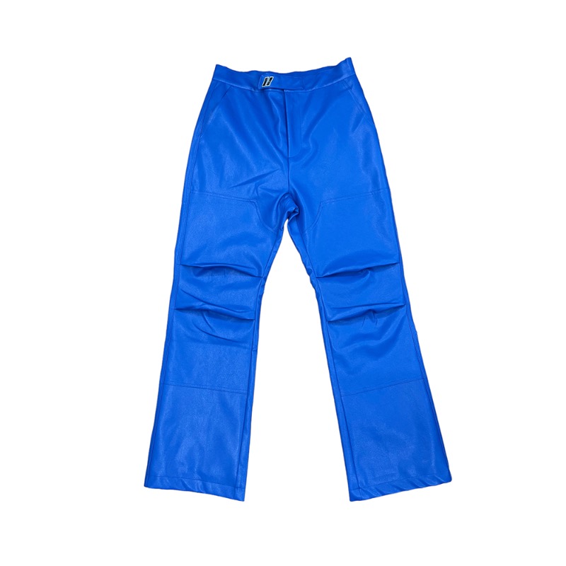 [UMAMIISM : 우마미즘] U logo waist band front pleats double knee panel vegan leather pants royal blue