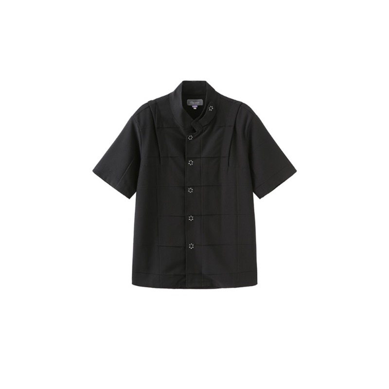 [UMAMIISM : 우마미즘] Ishioka Eiko style pleats &amp; hand sewing buckle padded shoulder short sleeves shirt black