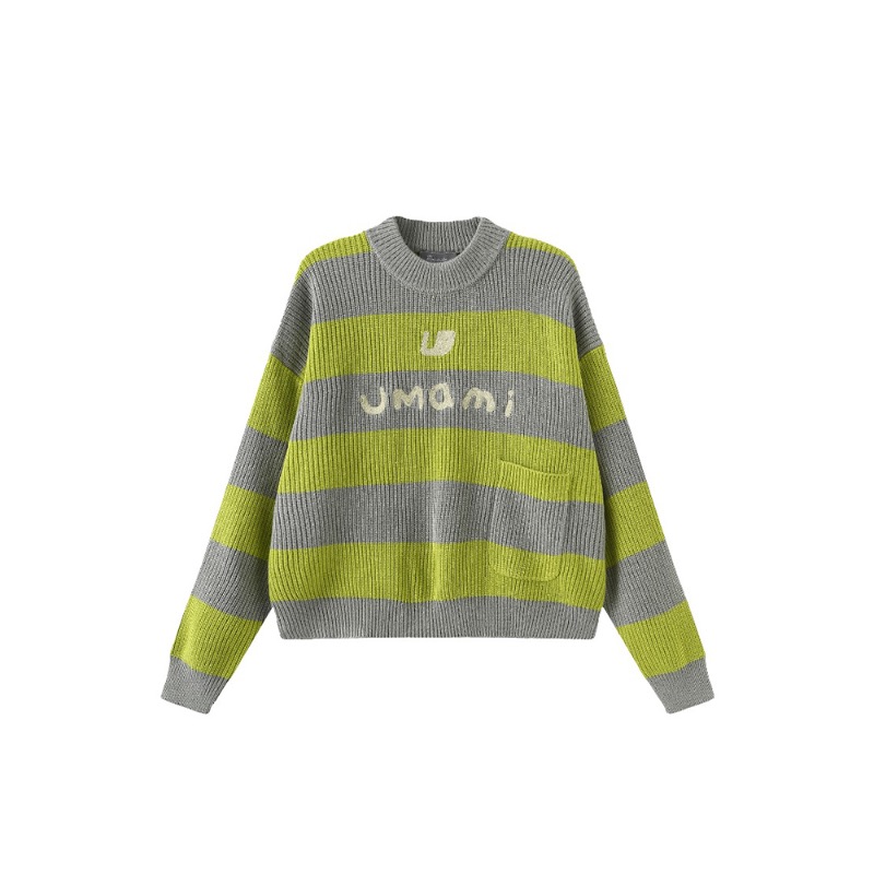 [UMAMIISM : 우마미즘] umamiism logo embroidery striped pocket sweater green &amp; grey