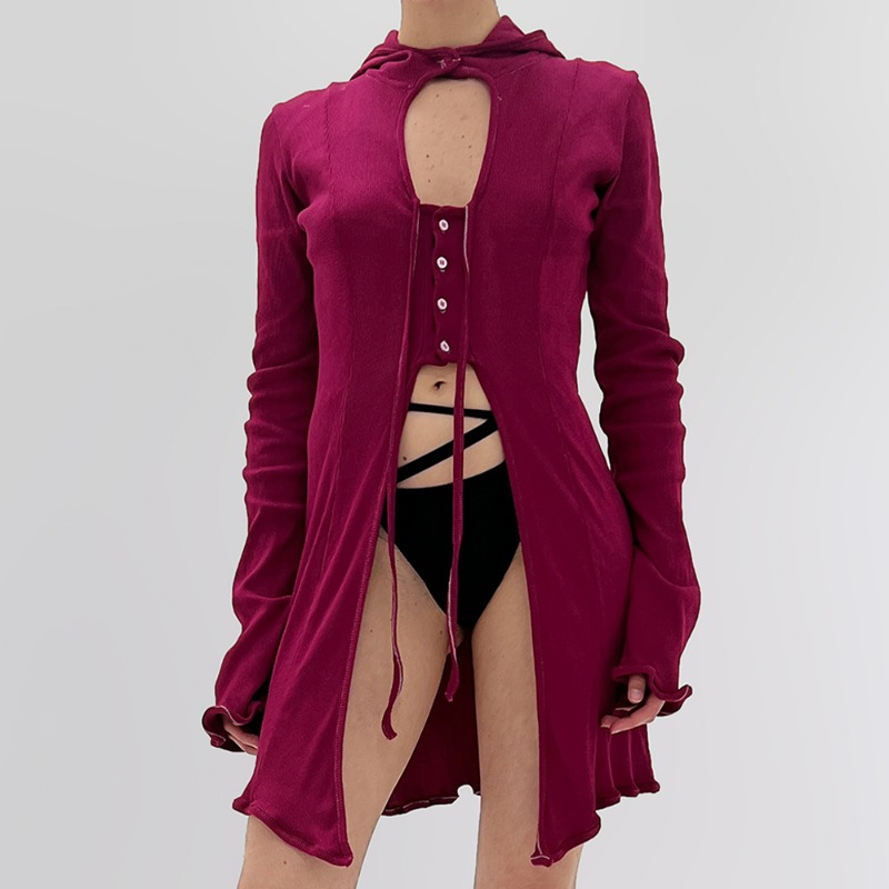 [OTTOLINGER : 오토링거] Hooded lounge rib layered cardigan burgundy