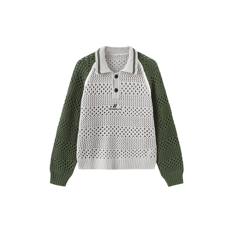 [UMAMIISM : 우마미즘] Crochet collar polo sweater grey green