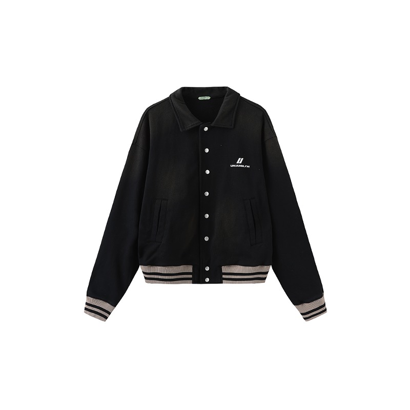 [UMAMIISM : 우마미즘] Faded vintage wash heavy french terry varsity jacket black