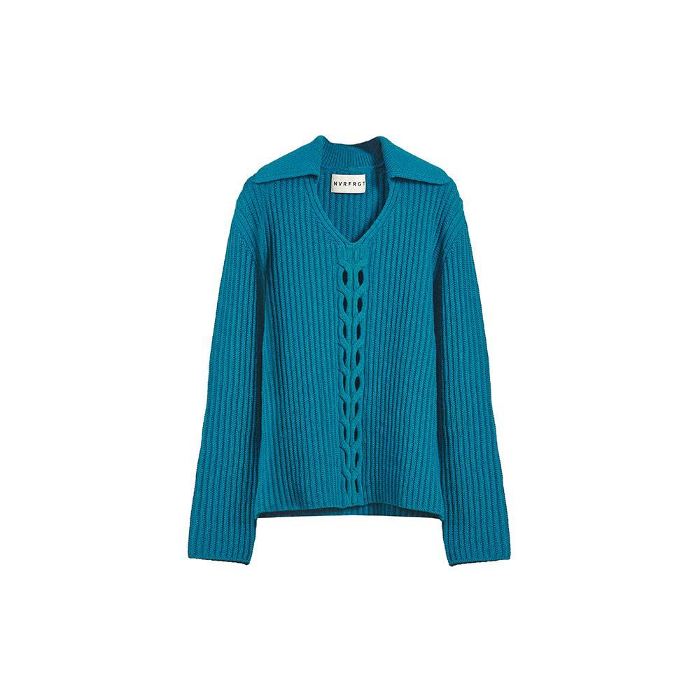 [NVRFRGT : 네버포겟] COLLARED V-NECK CUT OUT SWEATHER TURQUOISE