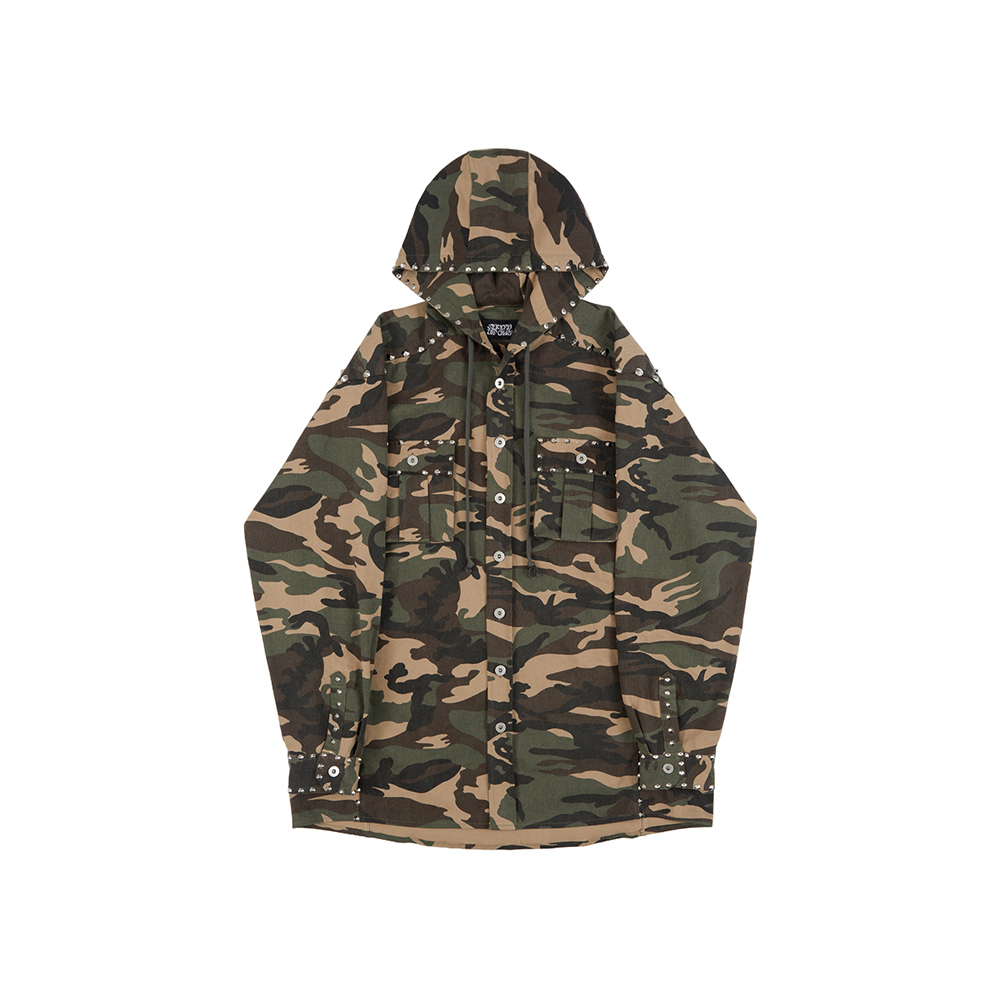 [SUNDAYOFFCLUB : 선데이오프클럽] Camouflage Studded Hooded Shirt - Woodland Camo