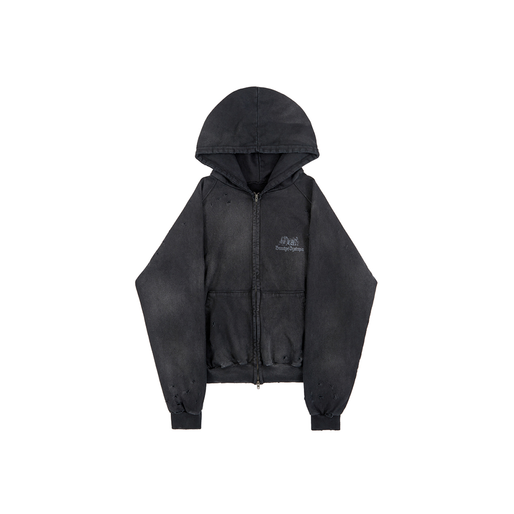 [SUNDAYOFFCLUB : 선데이오프클럽] Beauty Of Dystopia Washed Zip Up Hoodie - Washed Black
