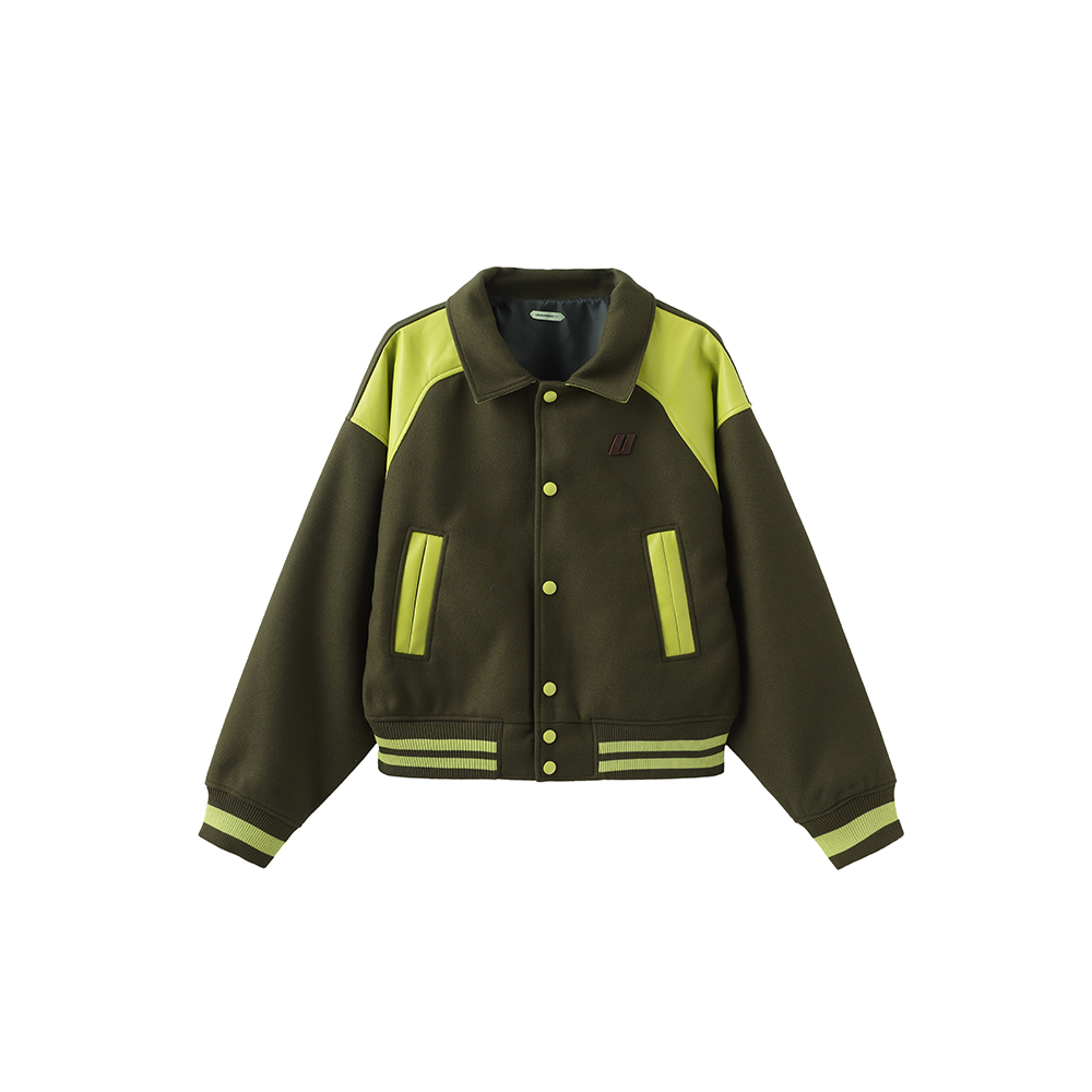 [UMAMIISM : 우마미즘] Leather patch varsity jacket olive