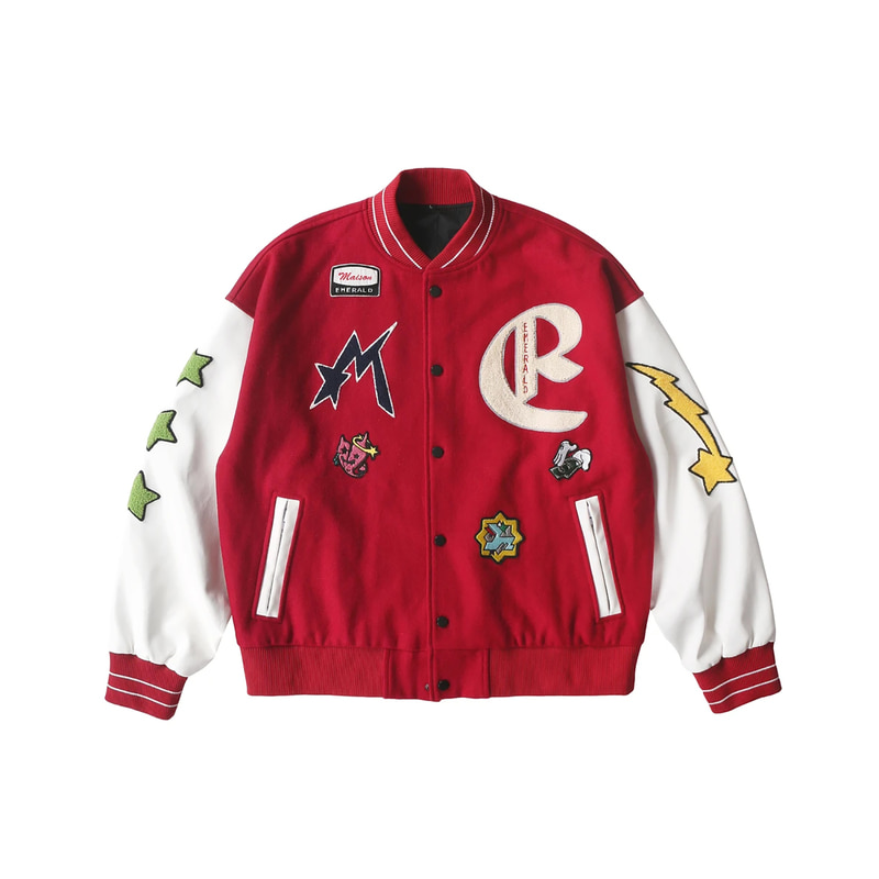 [MAISON EMERALD : 메종 에메랄드] Embroidery Bocule Patch Detail ME Varsity Jacket  Red