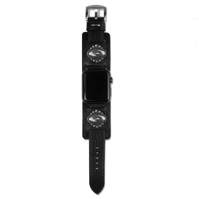 [NICHED : 니시드] &#039;Pioneer&#039; 925 Silver Concho Black Stitched 2way Double Dollaro Leather Strap for Apple Watch