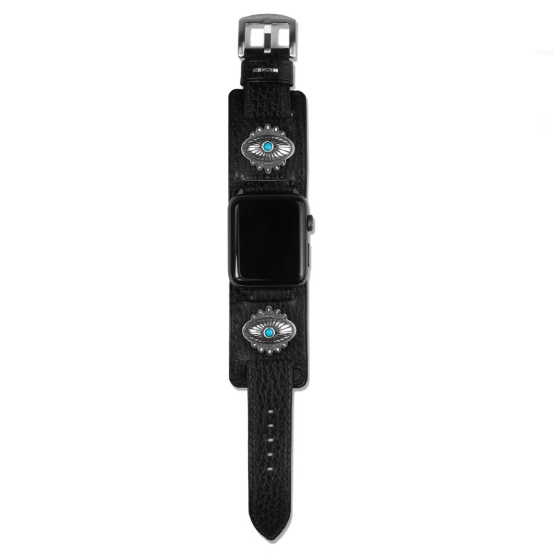 [NICHED : 니시드] &#039;Pioneer&#039; Turquoise &amp; 925 Silver Concho Black Stitched 2way Double Dollaro Leather Strap for Apple Watch 