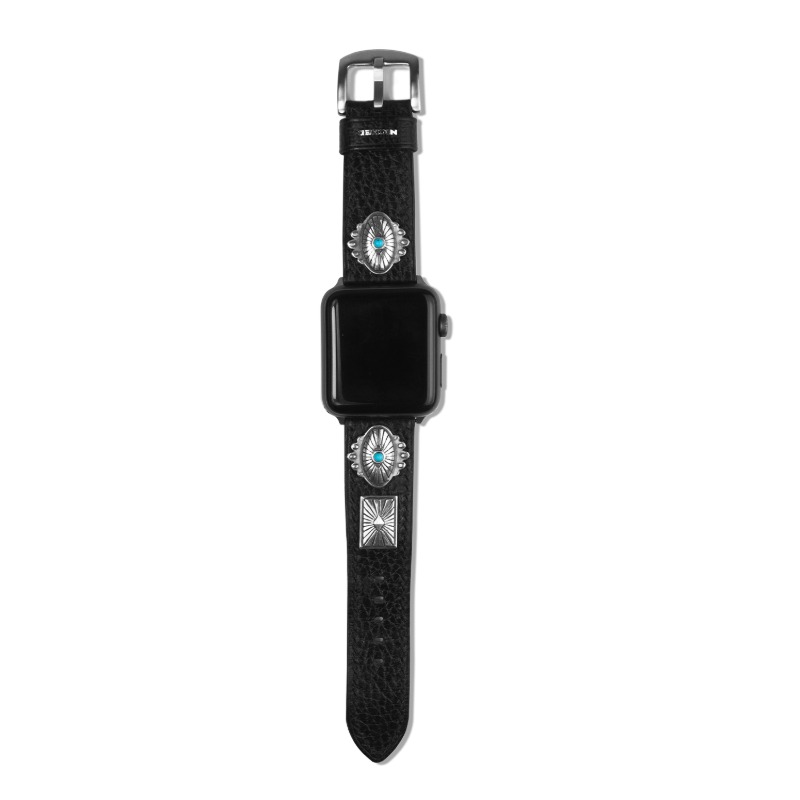 [NICHED : 니시드] &#039;Forty-niner&#039; Faux Turquoise &amp; 925 Silver Concho Black Stitched Strap Dollaro Leather for Apple Watch