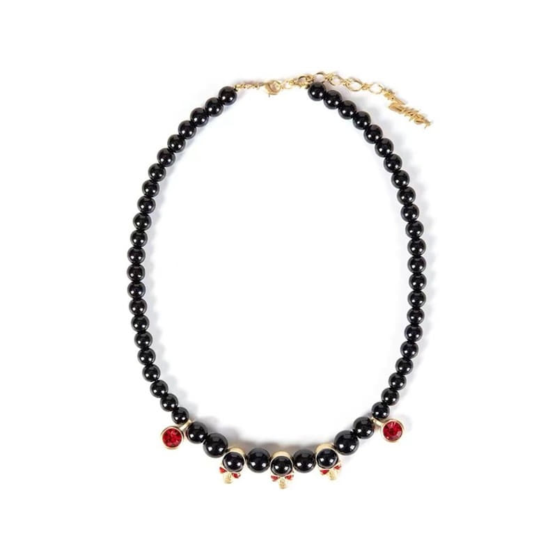 [EVAE+ MOB : 이배몹] Skull Cubic Charms Faux Black Pearl Necklace