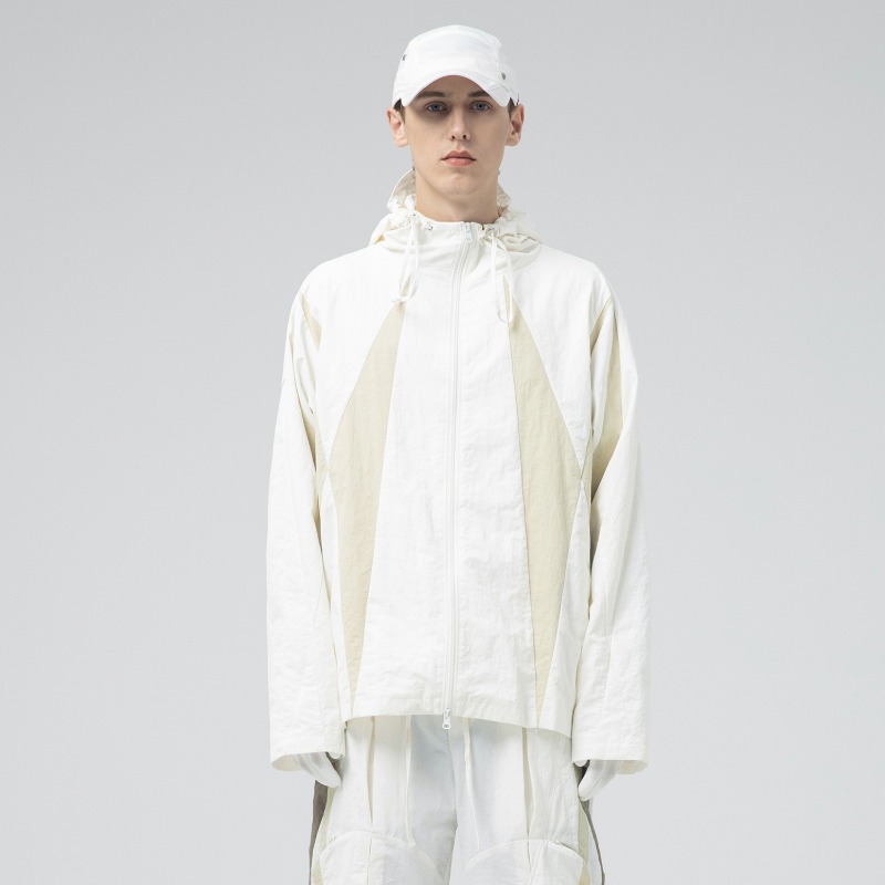 [ATTÈMPT : 어템트] Contrast Panels Fabric Detail Nylon Windbreak Jacket White