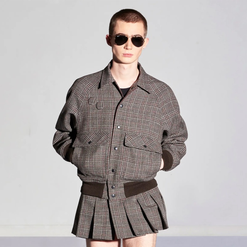 [STEFAN COOKE : 스테판 쿡] Raglan pattern flap pockets fine wool tweed bomber jacket check with badges