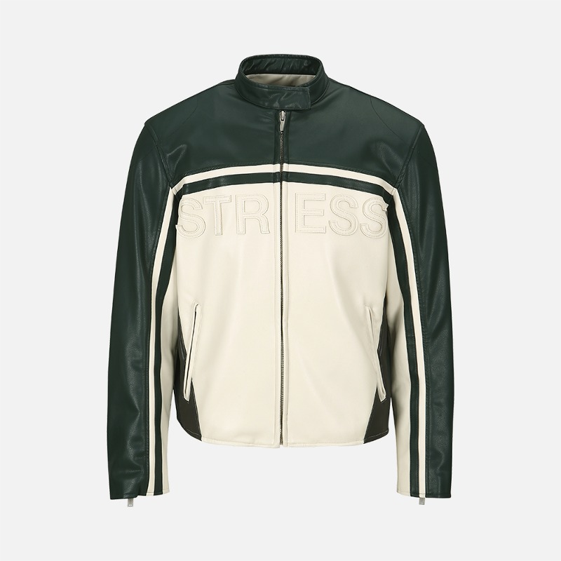 [Meantime : 민타임] &#039;Storm &amp; Stress&#039; Motorcycle Vegan Leather Jacket Billiard green &amp; Off-white