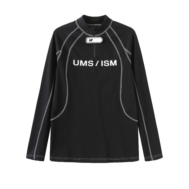 [UMAMIISM : 우마미즘] U logo neck band detail constructive pattern half-zip LST-shirt Black