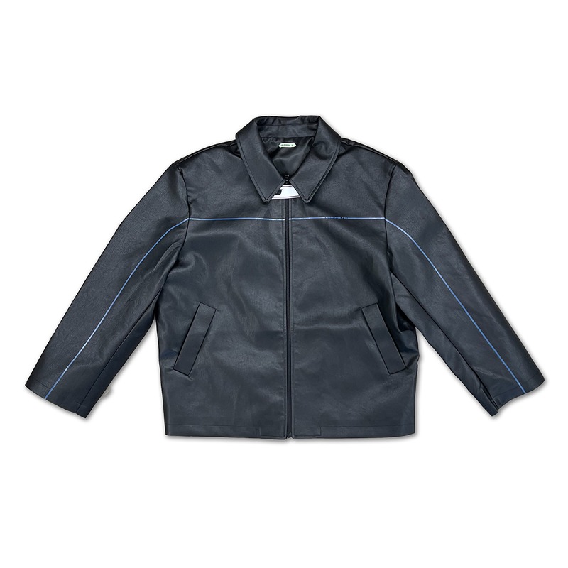 [UMAMIISM : 우마미즘] U logo neck band blue line detail leather jacket black