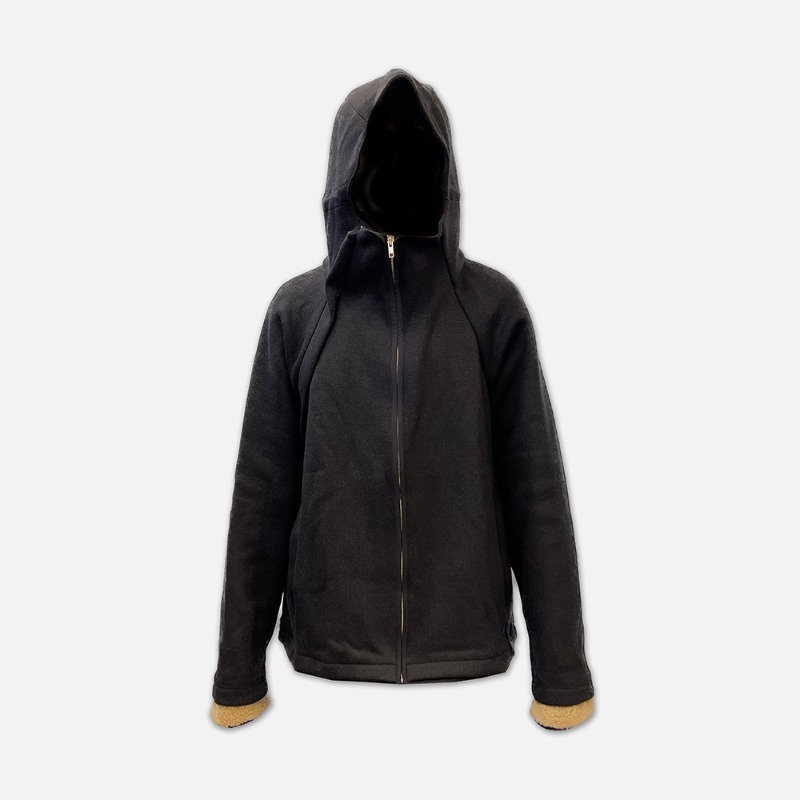 [RANRA : 란라] Ooal shearing fleece detail hooded zip-up jacket black &amp; chocolate