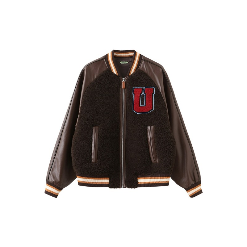 [UMAMIISM : 우마미즘] U logo boucle embroidery faux sheering vegan leather varisty jacket chocolate