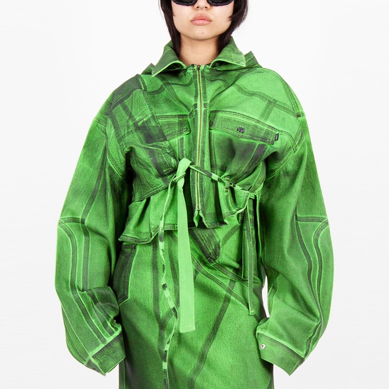 [OTTOLINGER : 오토링거] Hooded chest layered panel cropped denim jacket jasmine paint