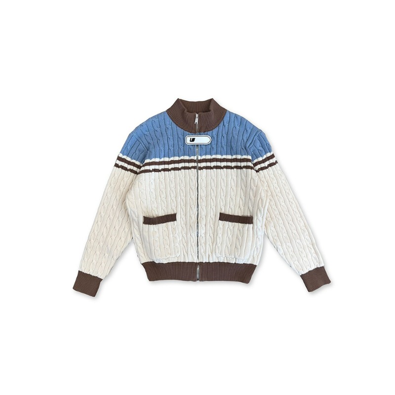 [UMAMIISM : 우마미즘] U logo band color block  striped zip-up sweater Powder blue