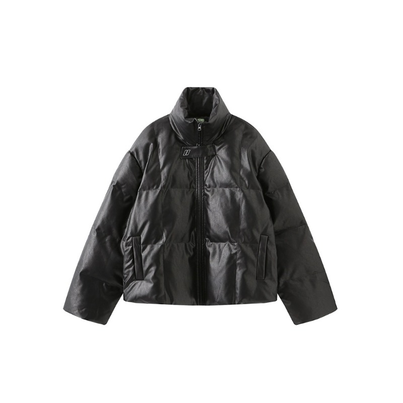[UMAMIISM : 우마미즘] U logo neck band detail vegan leather puffer jacket black