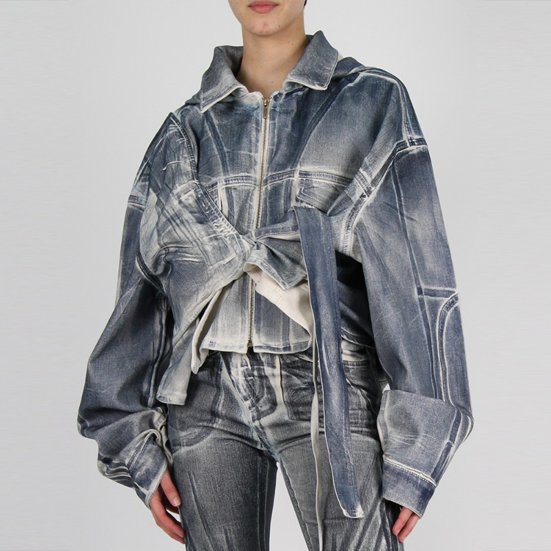 [OTTOLINGER : 오토링거] Hooded chest layered panel cropped denim jacket sand blue paint