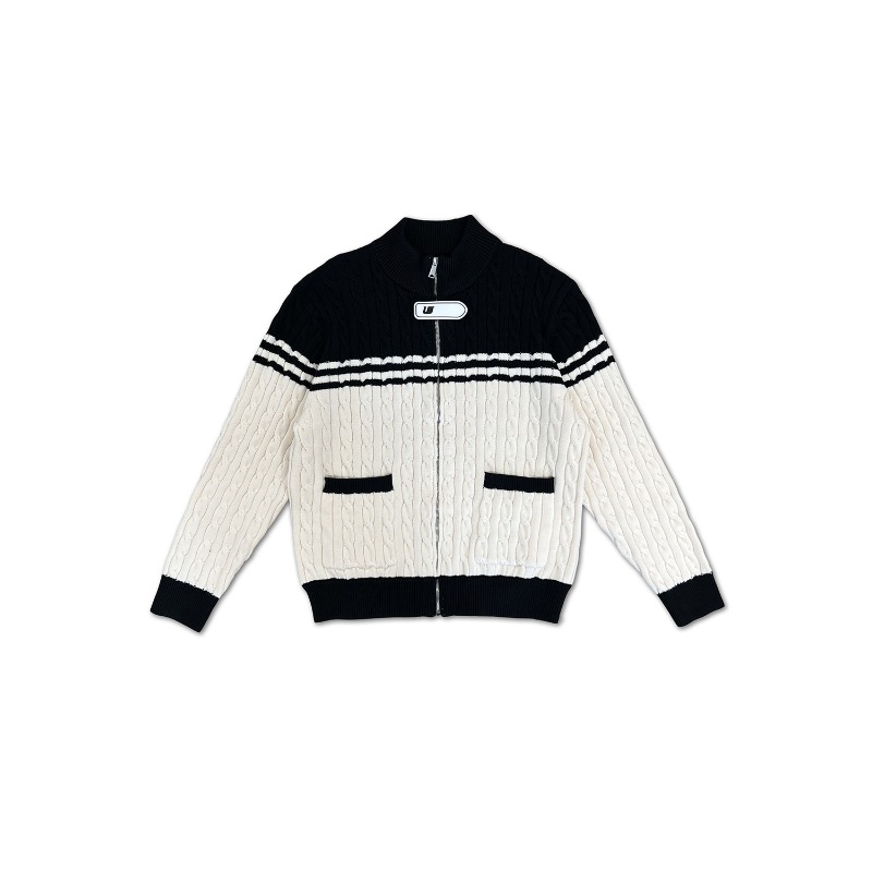 [UMAMIISM : 우마미즘] U logo band color block  striped zip-up sweater black