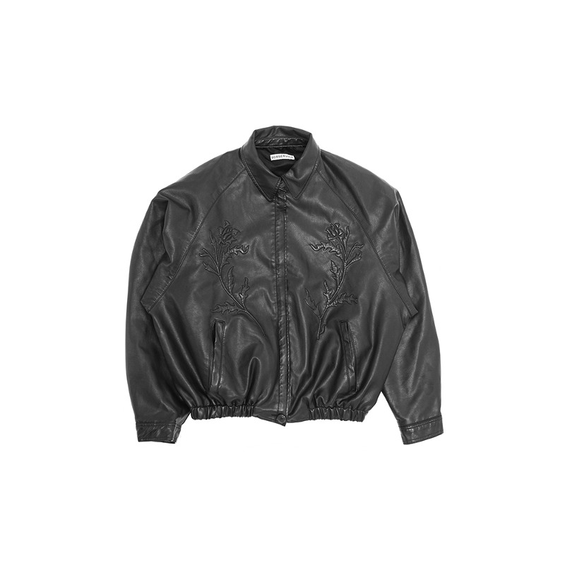 [604SERVICE : 604서비스] ROSES EMBOSSED LEATHER JACKET IN BLACK