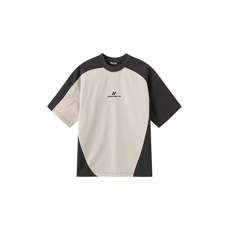 [UMAMIISM : 우마미즘] Asymmetrical panel pattern U logo t-shirt sand &amp; grey