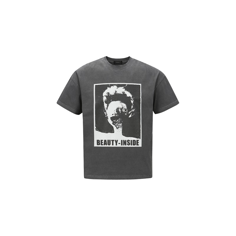 [Meantime : 민타임] Meantime &#039;BEAUTY INSIDE&#039; artwork &amp; back developed 3D Big Logo Applique T-shirt Washed Black