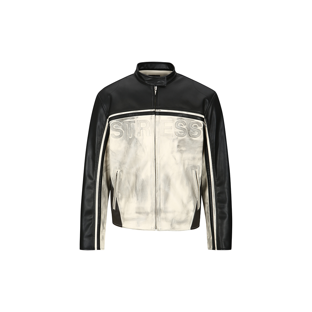 [Meantime : 민타임] &#039;Storm &amp; Stress&#039; Motorcycle Vegan Leather Jacket Dirty Black &amp; Off-white